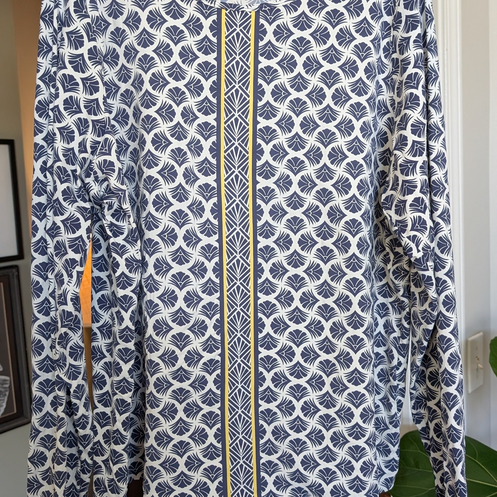 Lands' End Navy and White Leaf Pattern Long Sleeve Shirt